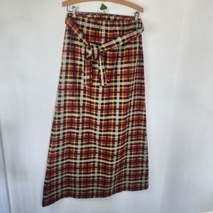 Vintage Wool Plaid A line Maxi Skirt with Belt Elastic Waist